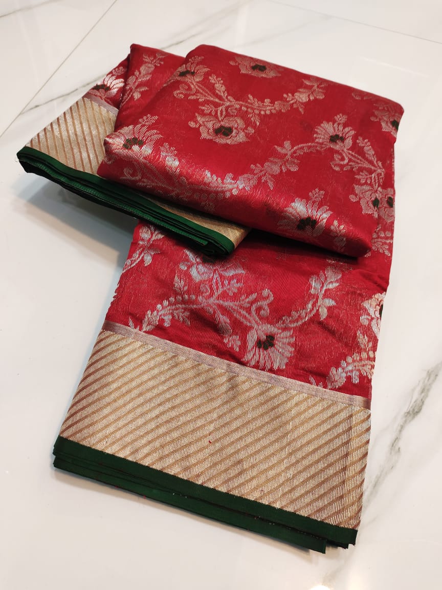 Red Chanderi Handloom Pattu Silk Handwork Saree featuring intricate Meenakari jaal all over