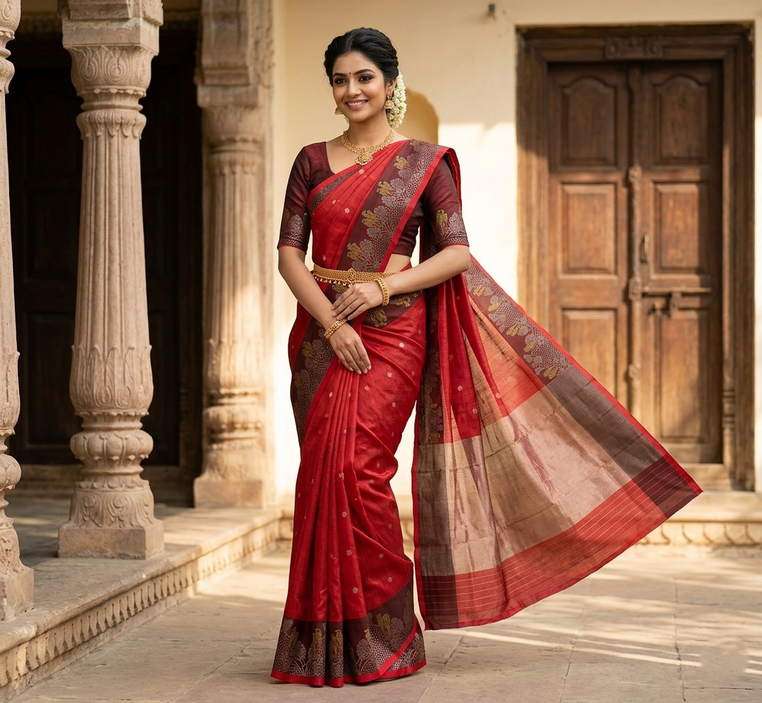 A beautiful model wearing a crimson red Chanderi handloom pattu silk saree featuring a dark maroon zari border with intricate gold bird motifs, styled with a matching blouse and traditional jewelry in an elegant courtyard setting.