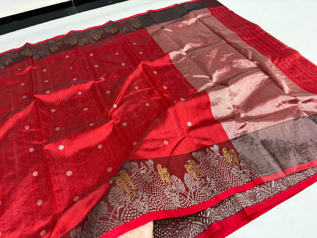 Chanderi handloom pattu silk saree featuring a dark maroon zari border with intricate gold bird motifs, styled with a matching blouse