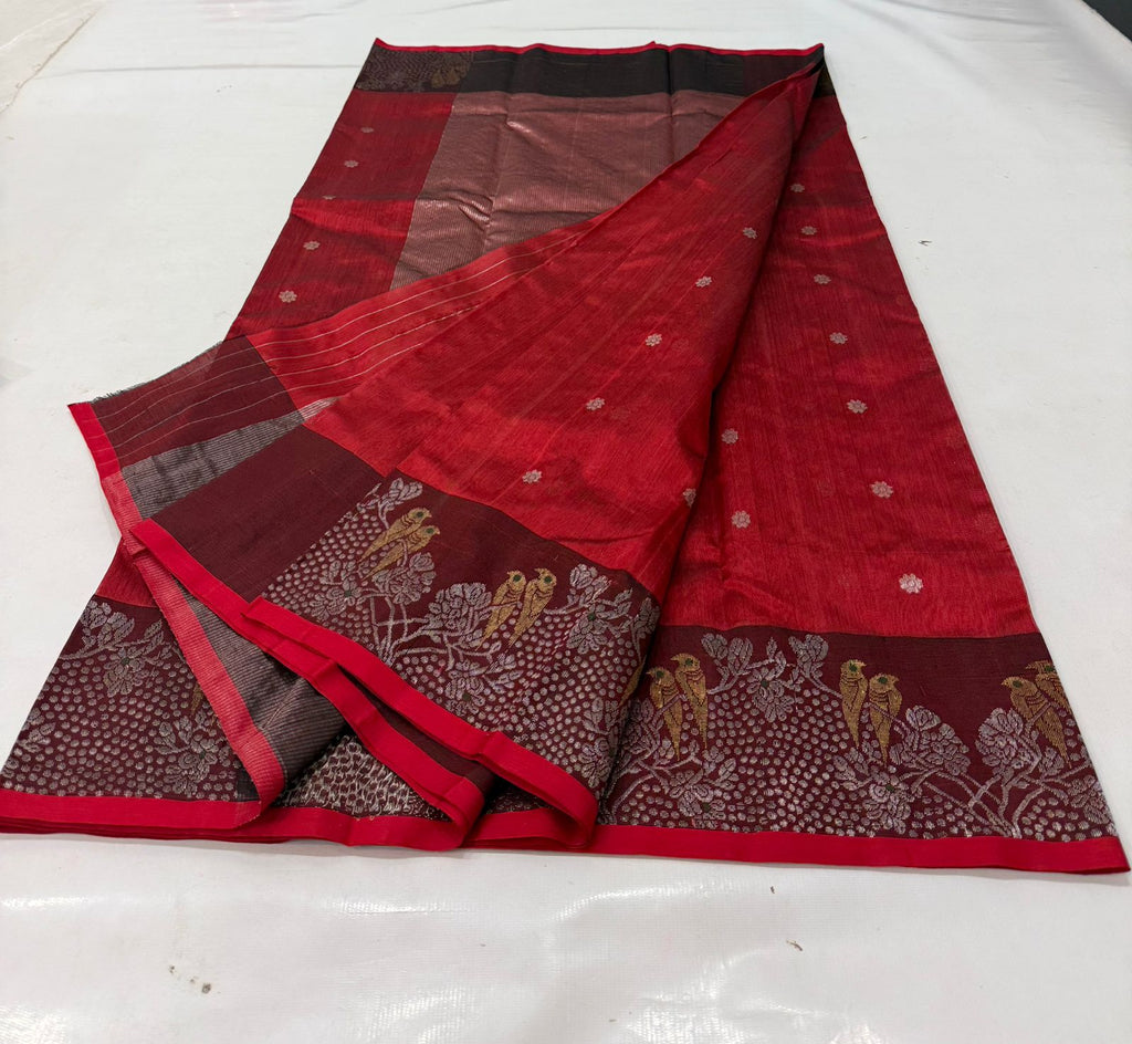 Chanderi handloom pattu silk saree featuring a dark maroon zari border with intricate gold bird motifs, styled with a matching blouse