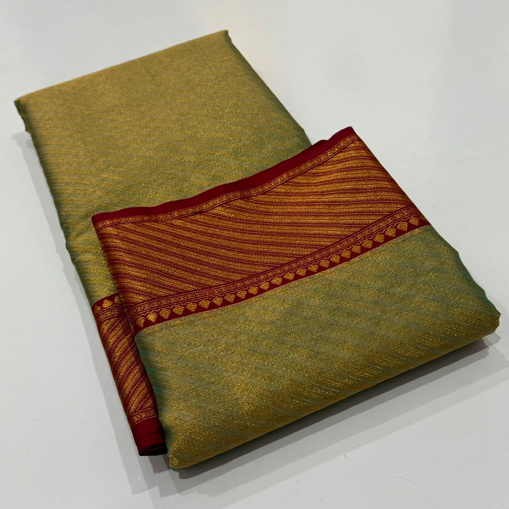 Dual-tone olive green and gold Chanderi Handloom Katan Silk saree with a rich maroon border and intricate Nakshi weaving.