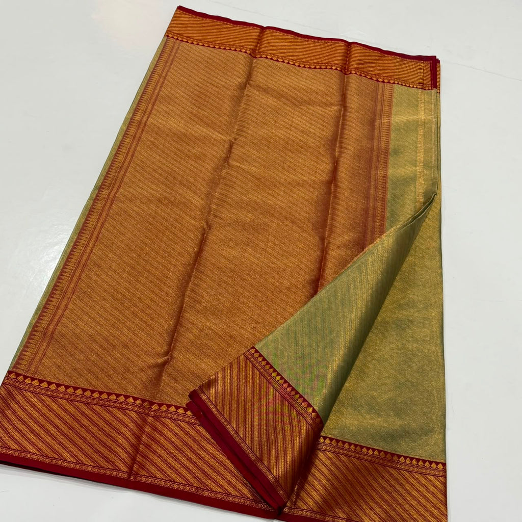 Dual-tone olive green and gold Chanderi Handloom Katan Silk saree with a rich maroon border and intricate Nakshi weaving.