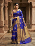 A model wearing a vibrant Royal Blue Chanderi Handloom Pattu Silk saree featuring gold zari polka dot motifs and a rich gold border.