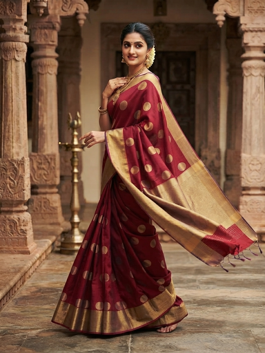 A model gracefully posing in a deep red Chanderi Handloom Pattu Silk saree with gold zari polka dot motifs and a rich golden border.