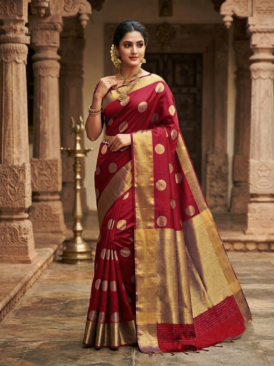 A model gracefully posing in a deep red Chanderi Handloom Pattu Silk saree with gold zari polka dot motifs and a rich golden border.