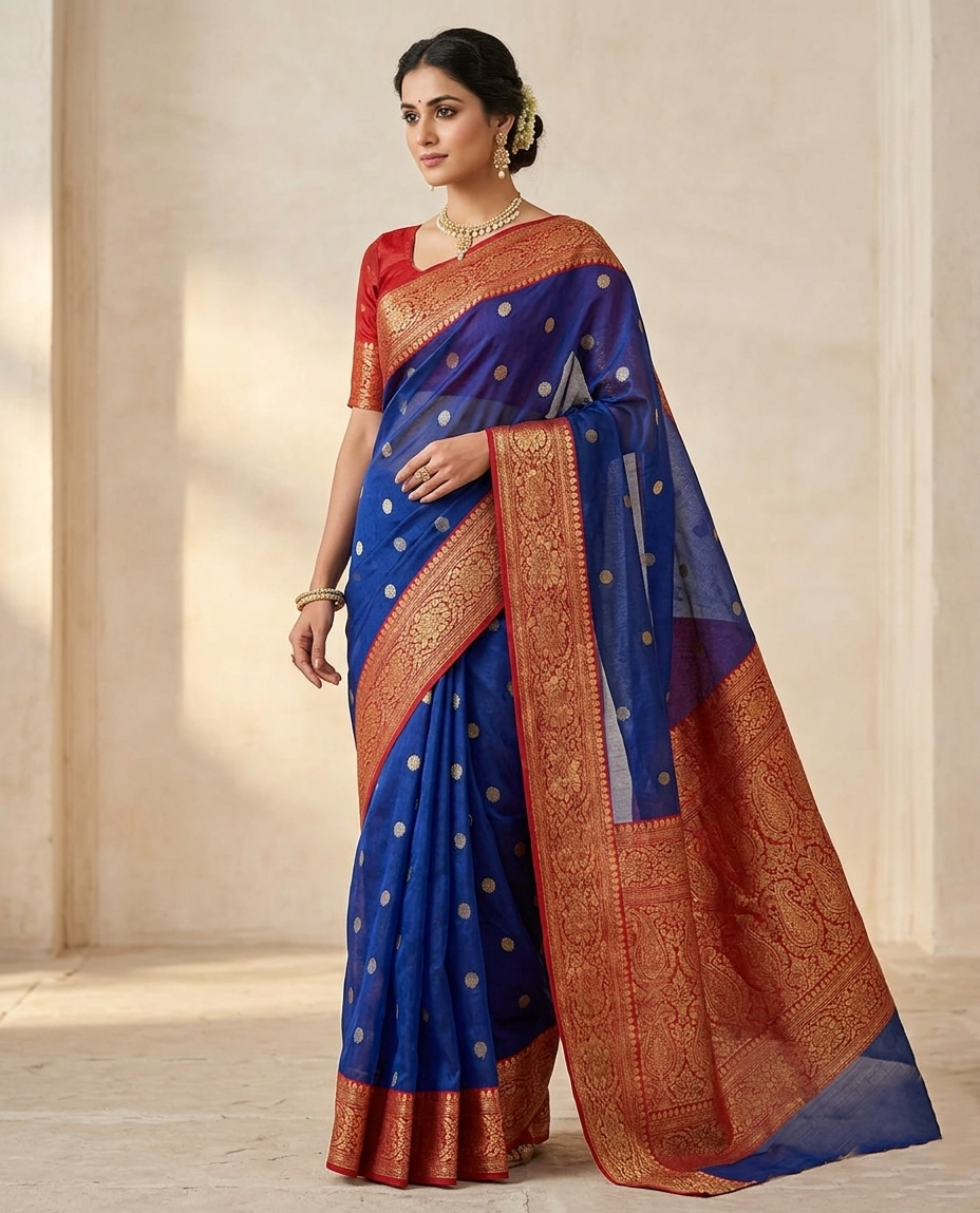 Royal Blue Chanderi Handloom Katan Silk Nakshi Saree
