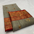 Grey Chanderi Handloom Katan Silk Meenakari Saree featuring gold zari bootis and a rich red border