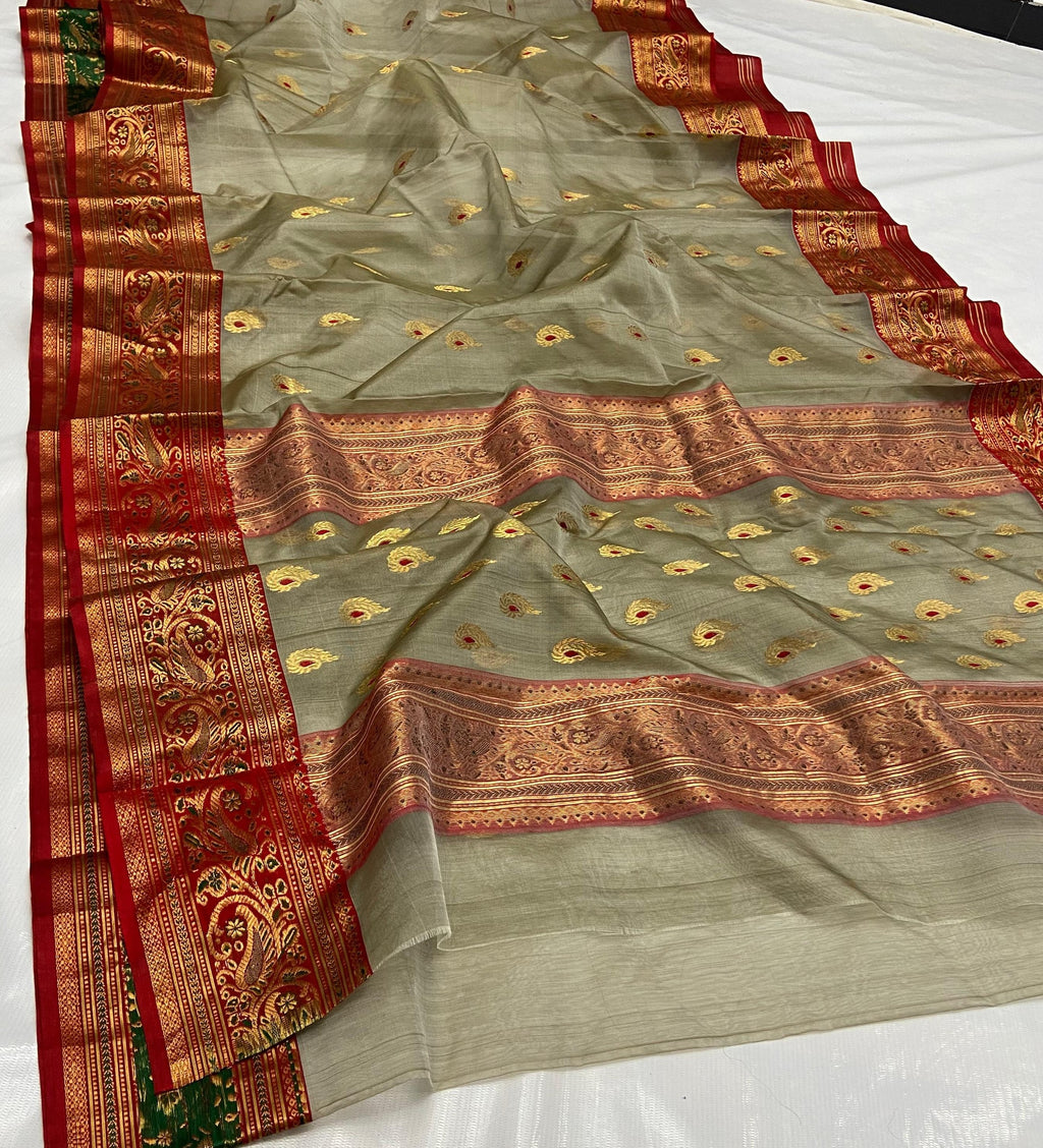Grey Chanderi Handloom Katan Silk Meenakari Saree featuring gold zari bootis and a rich red border