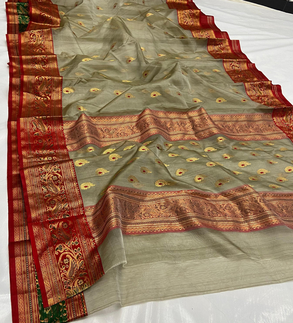 Grey Chanderi Handloom Katan Silk Meenakari Saree featuring gold zari bootis and a rich red border
