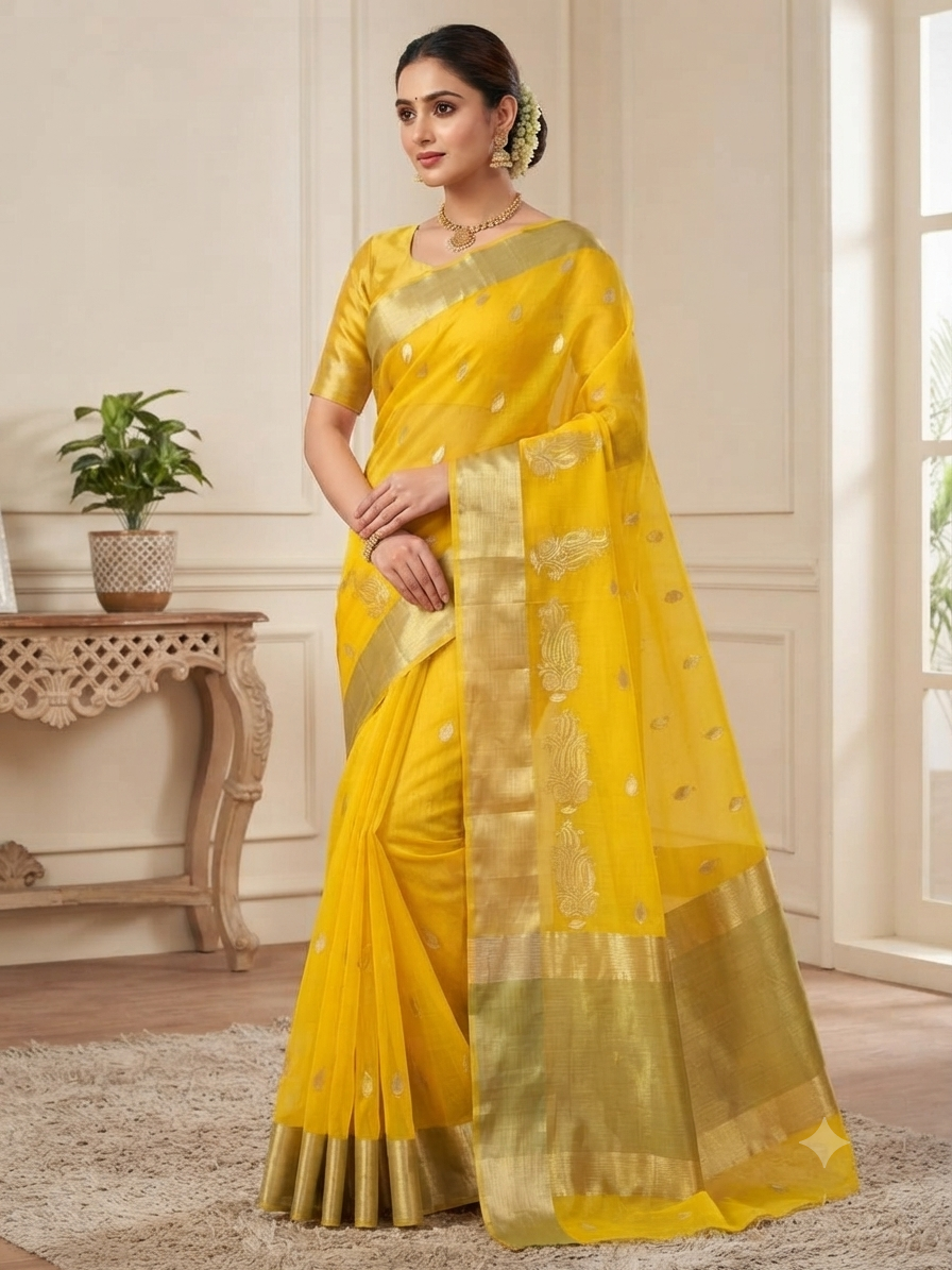 A model wearing a golden yellow Chanderi handloom katan silk saree featuring gold zari buttas and a matching border.