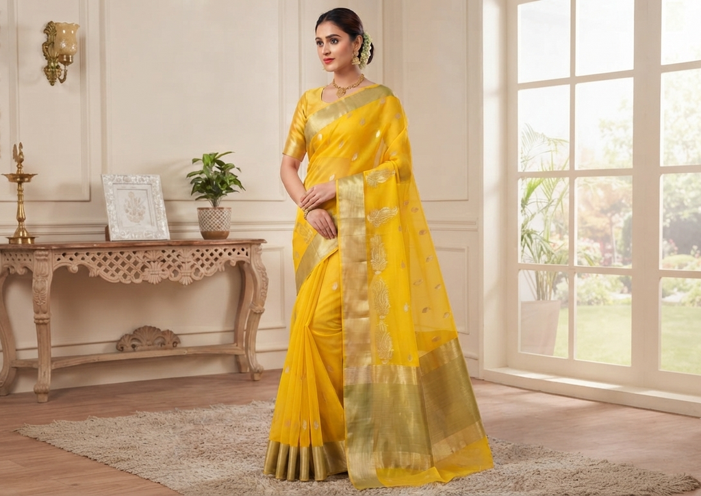 A model wearing a golden yellow Chanderi handloom katan silk saree featuring gold zari buttas and a matching border.