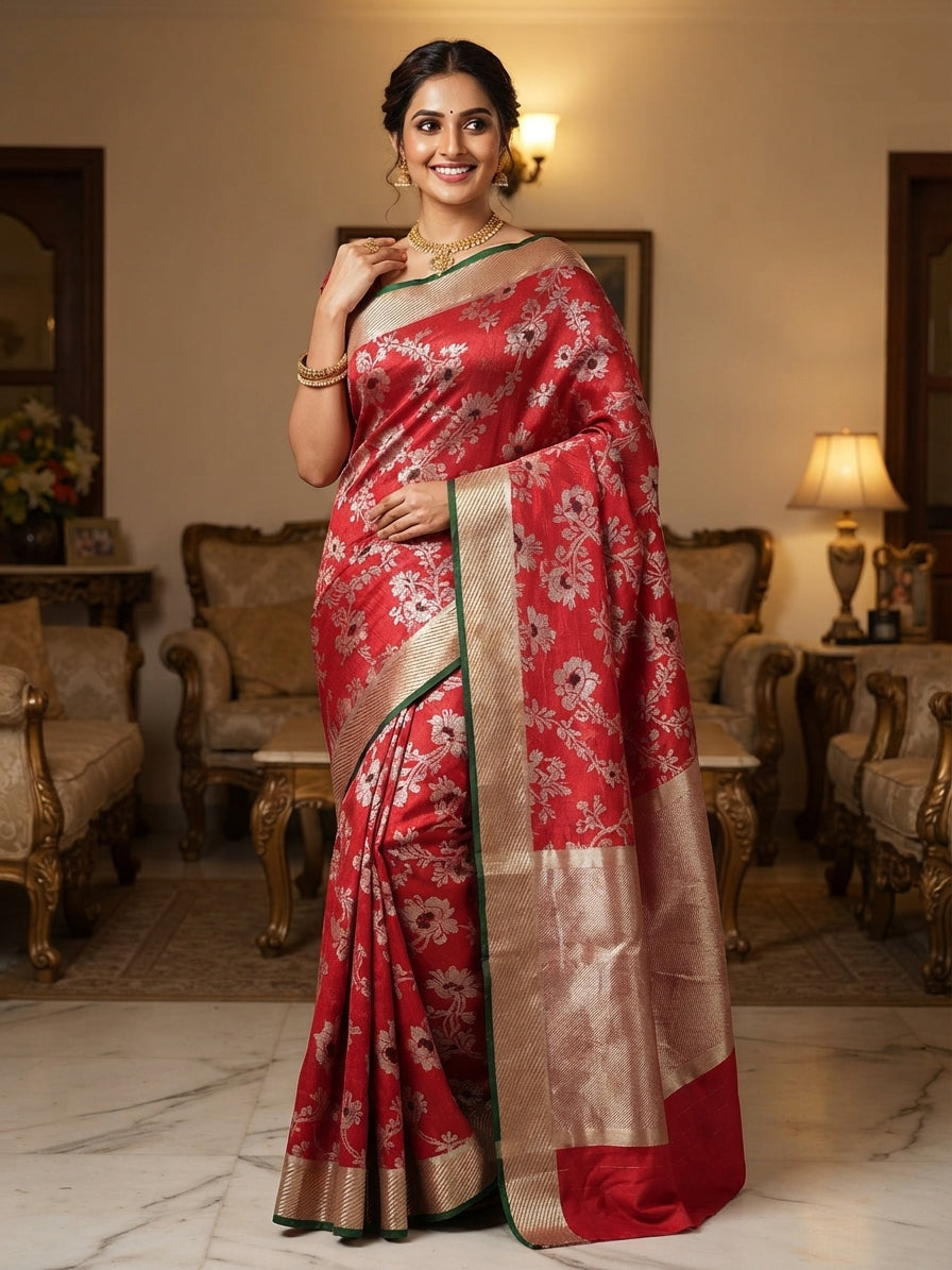 Red Chanderi Handloom Pattu Silk Handwork Saree featuring intricate Meenakari jaal all over