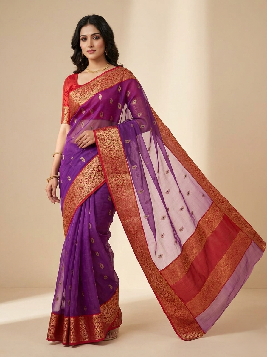 Dual Tone Purple Chanderi Handloom Katan Silk Meenakari Nakshi Saree