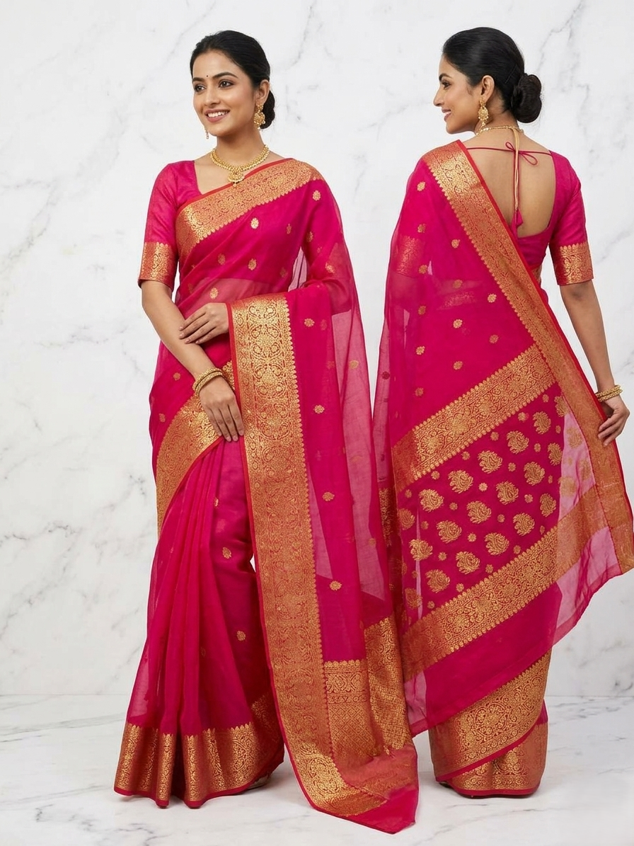 Front and back view of a model showcasing a vibrant Rani Pink Chanderi handloom Katan silk saree featuring intricate gold zari nakshi borders and elaborate paisley motifs on the pallu by Silk Tatva.