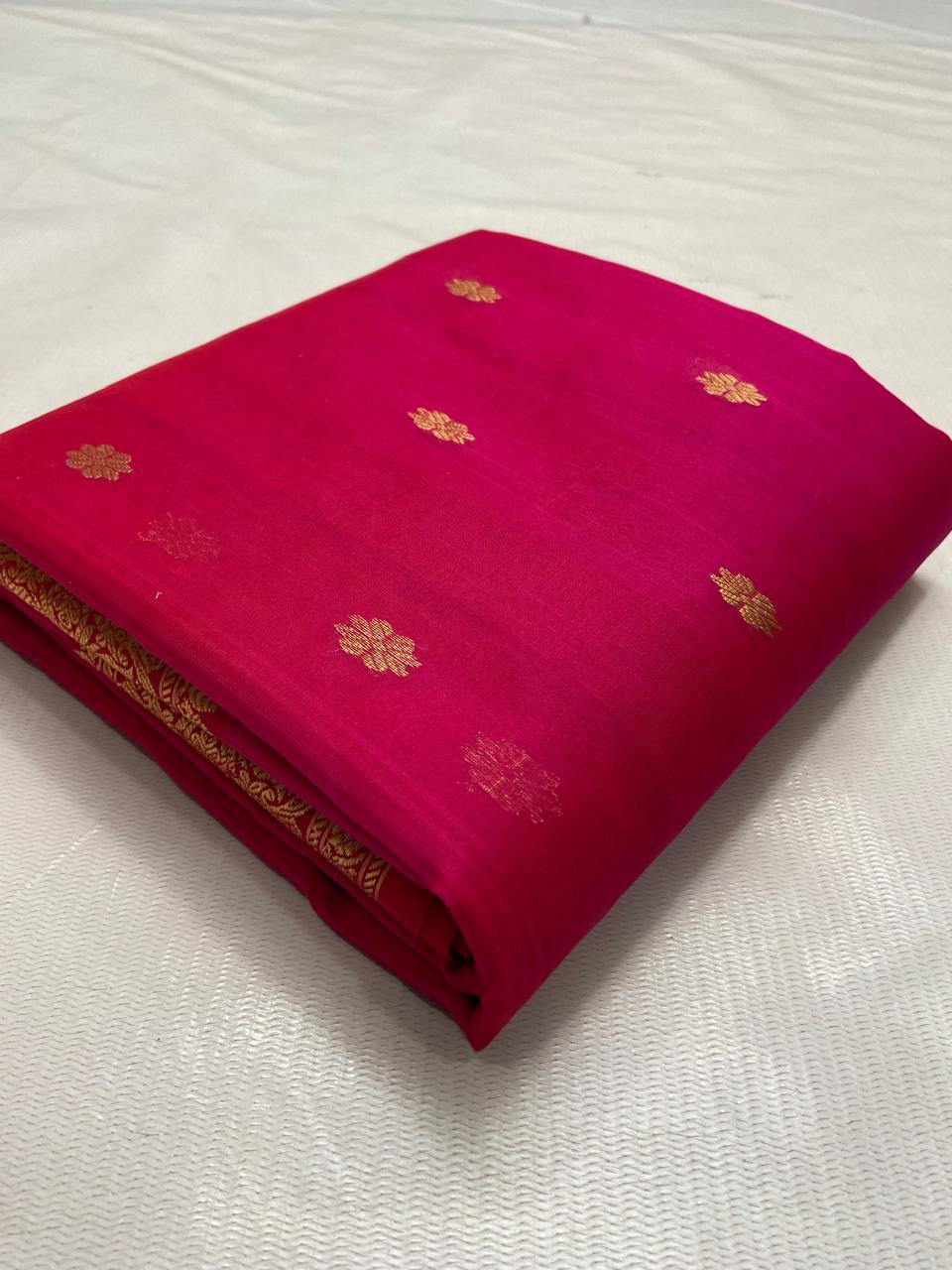 Rani Pink Chanderi handloom Katan silk saree featuring intricate gold zari nakshi borders and elaborate paisley motifs on the pallu by Silk Tatva.