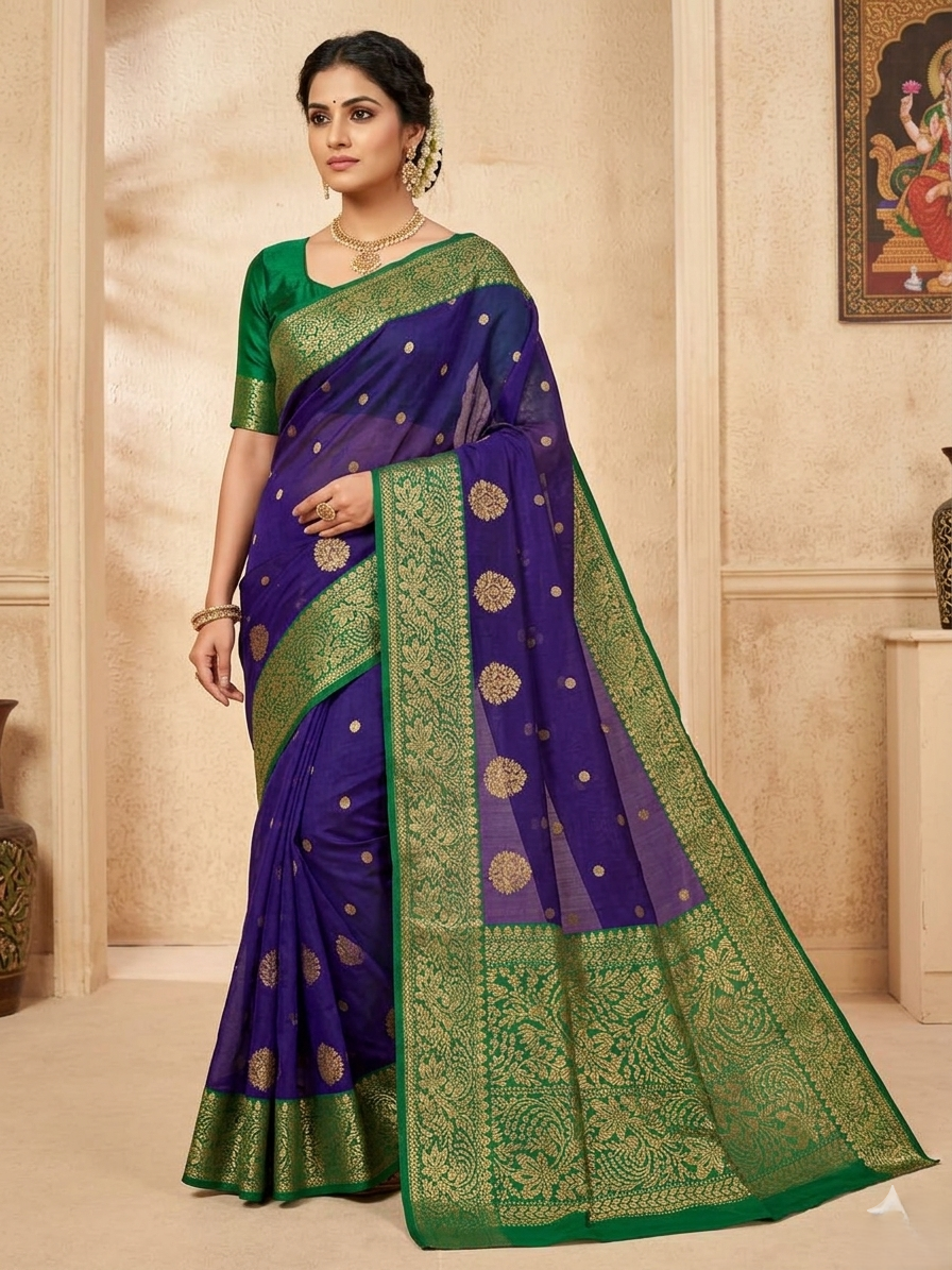 Dual tone purple Chanderi handloom Katan silk saree from Silk Tatva, featuring an intricate contrast green and gold zari floral pallu and border with matching buttas on a sheer body, as seen in Chanderi handloom Katan Silk Saree