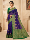 Dual tone purple Chanderi handloom Katan silk saree from Silk Tatva, featuring an intricate contrast green and gold zari floral pallu and border with matching buttas on a sheer body, as seen in Chanderi handloom Katan Silk Saree