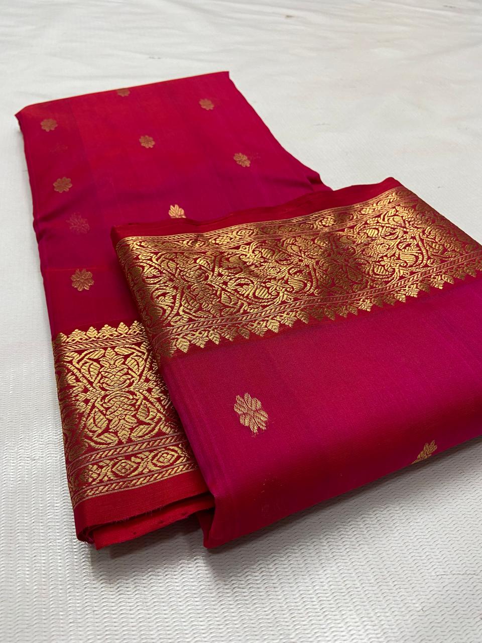 Rani Pink Chanderi handloom Katan silk saree featuring intricate gold zari nakshi borders and elaborate paisley motifs on the pallu by Silk Tatva.