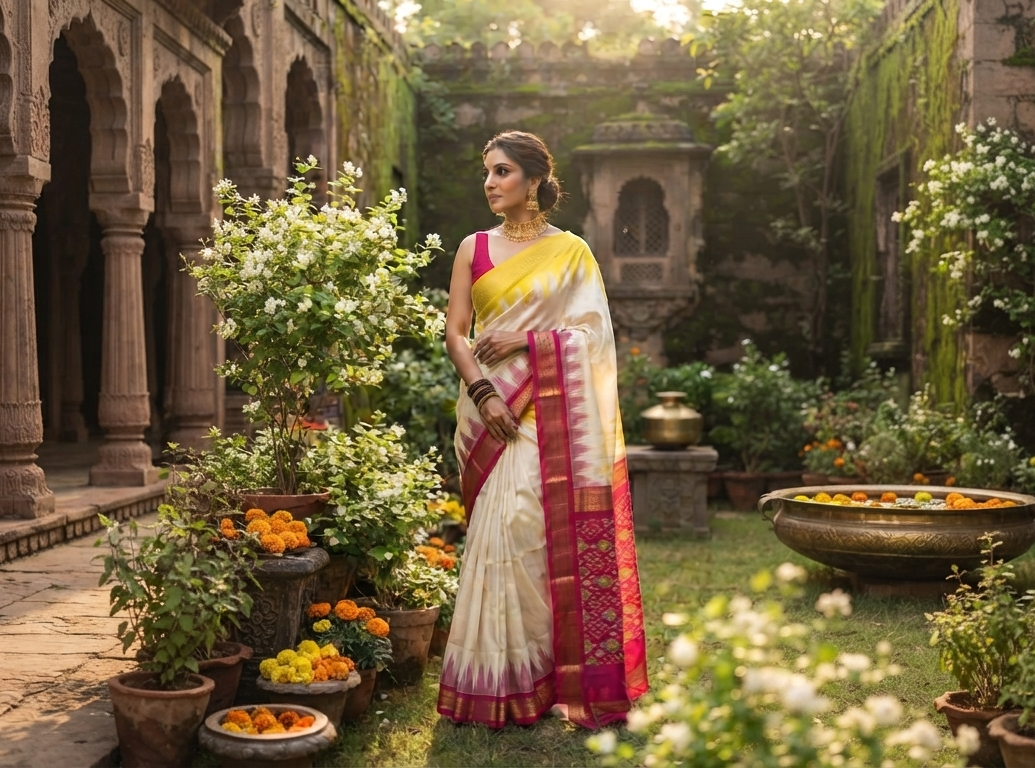 A model wearing a cream Pochampally Handloom Pure Ikkat Silk Saree featuring yellow and pink Ganga Yamuna temple design borders.