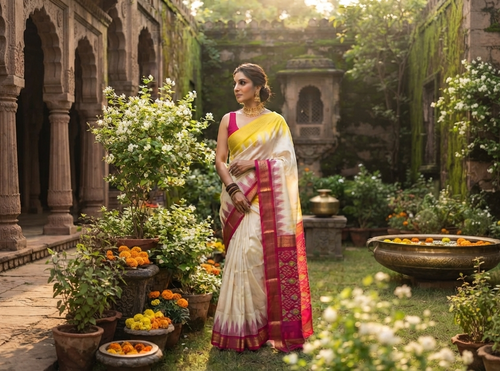 A model wearing a cream Pochampally Handloom Pure Ikkat Silk Saree featuring yellow and pink Ganga Yamuna temple design borders.