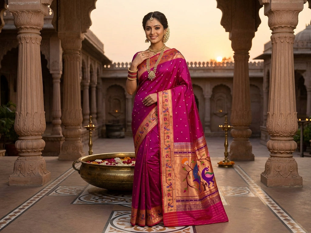 Dark Pink Paithani Handloom Pure Silk Saree with delicate self-woven zari buttas on the body and a tissue zari pallu featuring a pair of colorful peacocks perched on flowering branches.
