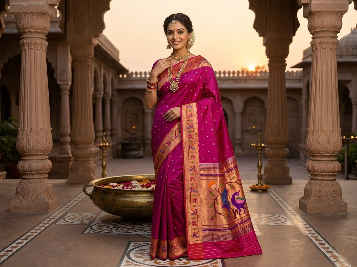 Dark Pink Paithani Handloom Pure Silk Saree with delicate self-woven zari buttas on the body and a tissue zari pallu featuring a pair of colorful peacocks perched on flowering branches.