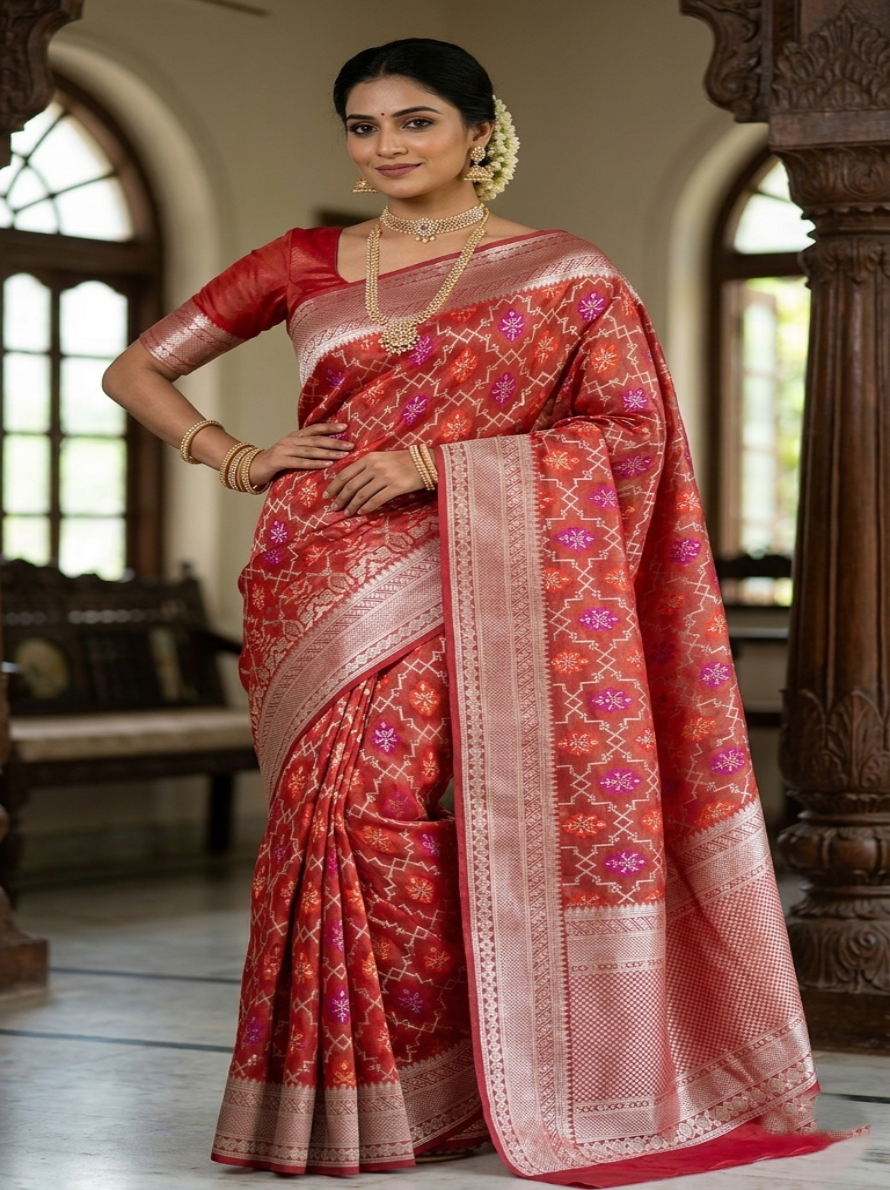 Red Banarasi Tissue Silk Meenakari Saree
