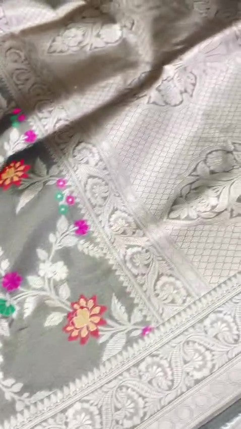 Grey Banarasi Tissue Silk Meenakari Saree |