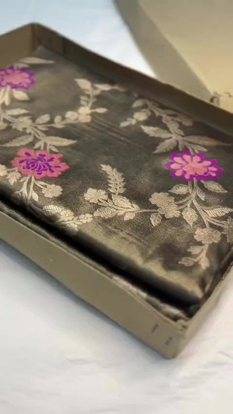 Brown Banarasi Tissue Silk Meenakari Saree