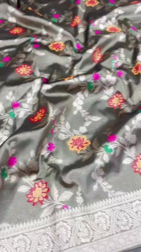 Grey Banarasi Tissue Silk Meenakari Saree