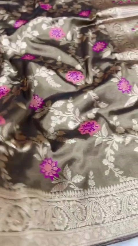 Brown Banarasi Tissue Silk Meenakari Saree