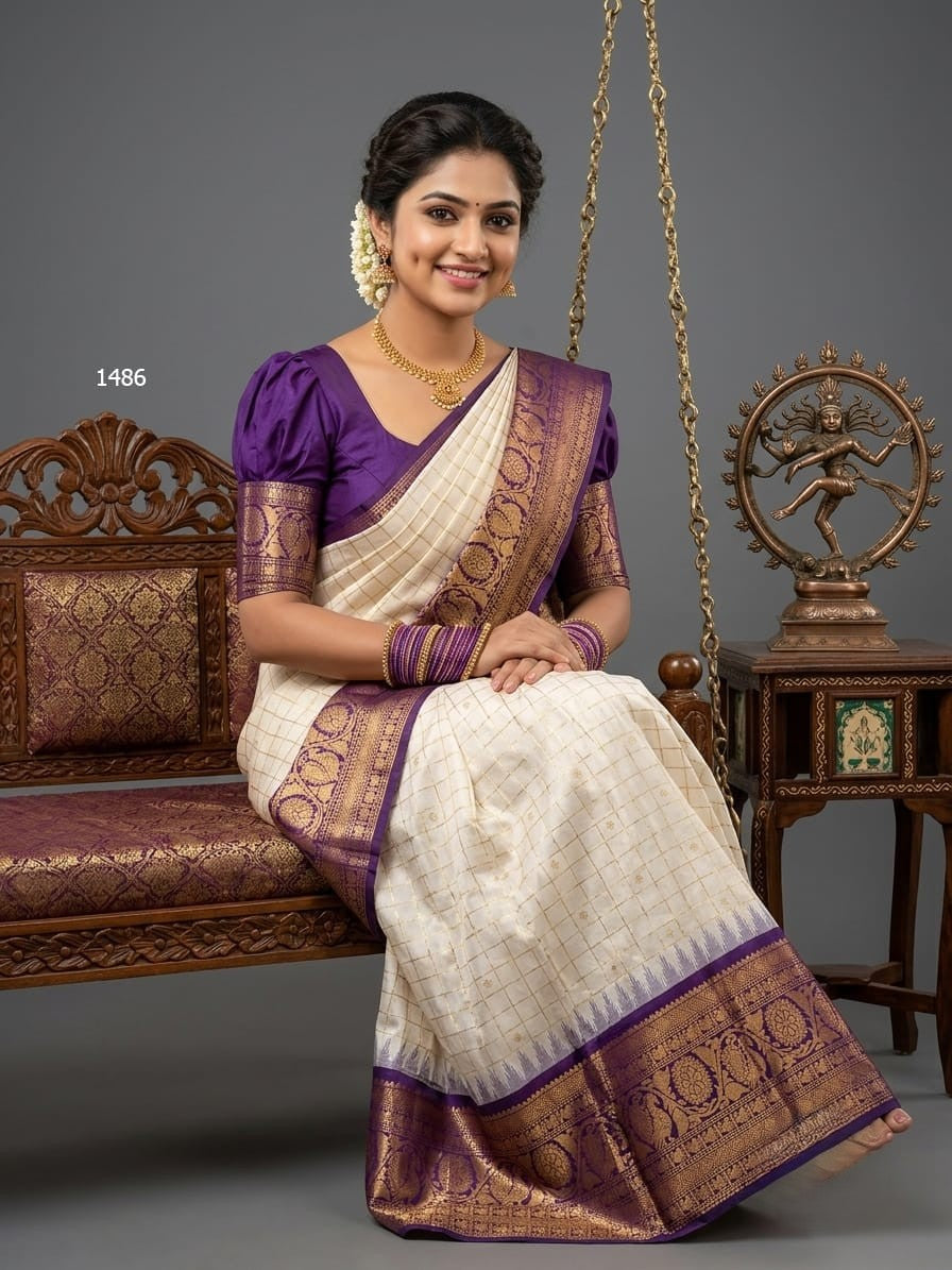 A model wearing a vibrant Gadwal Semi Pattu silk saree with intricate zari borders and a contrasting pallu.