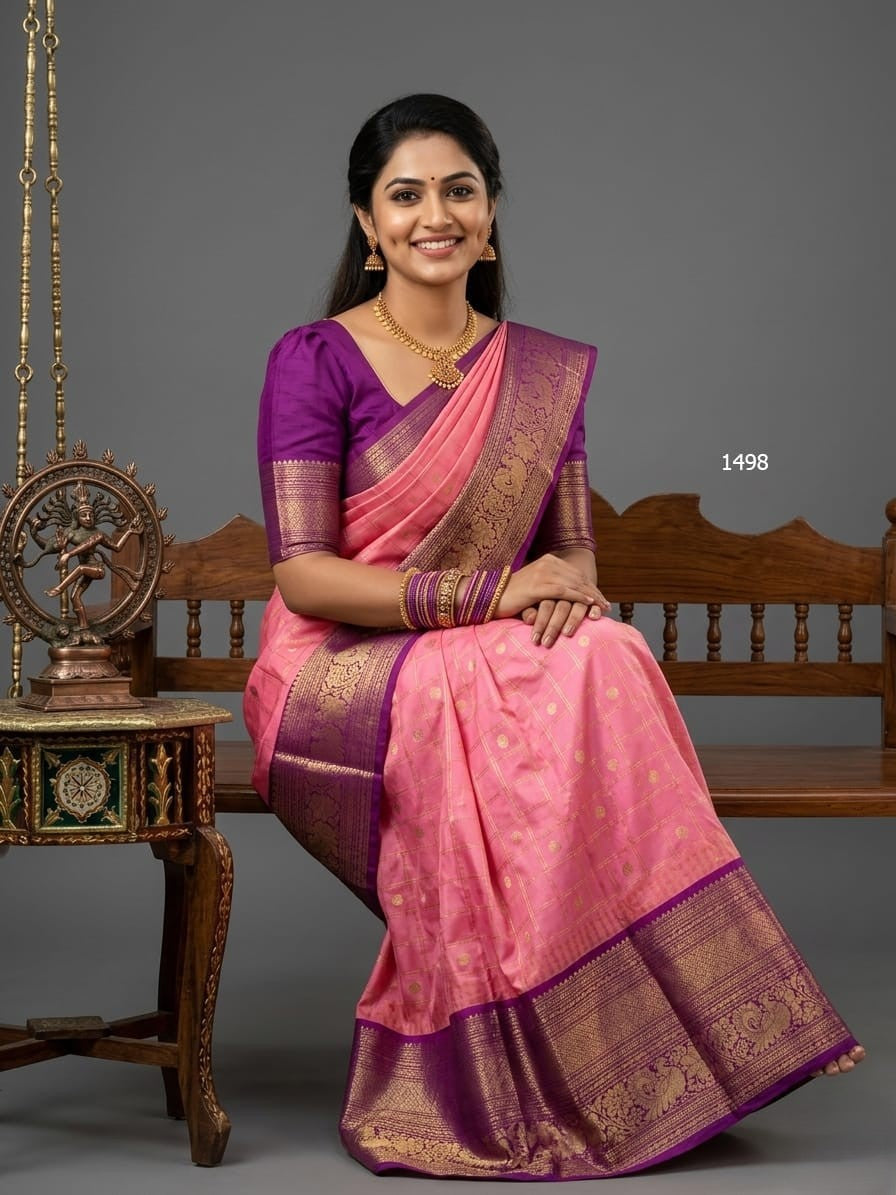 A model wearing a vibrant Gadwal Semi Pattu silk saree with intricate zari borders and a contrasting pallu.