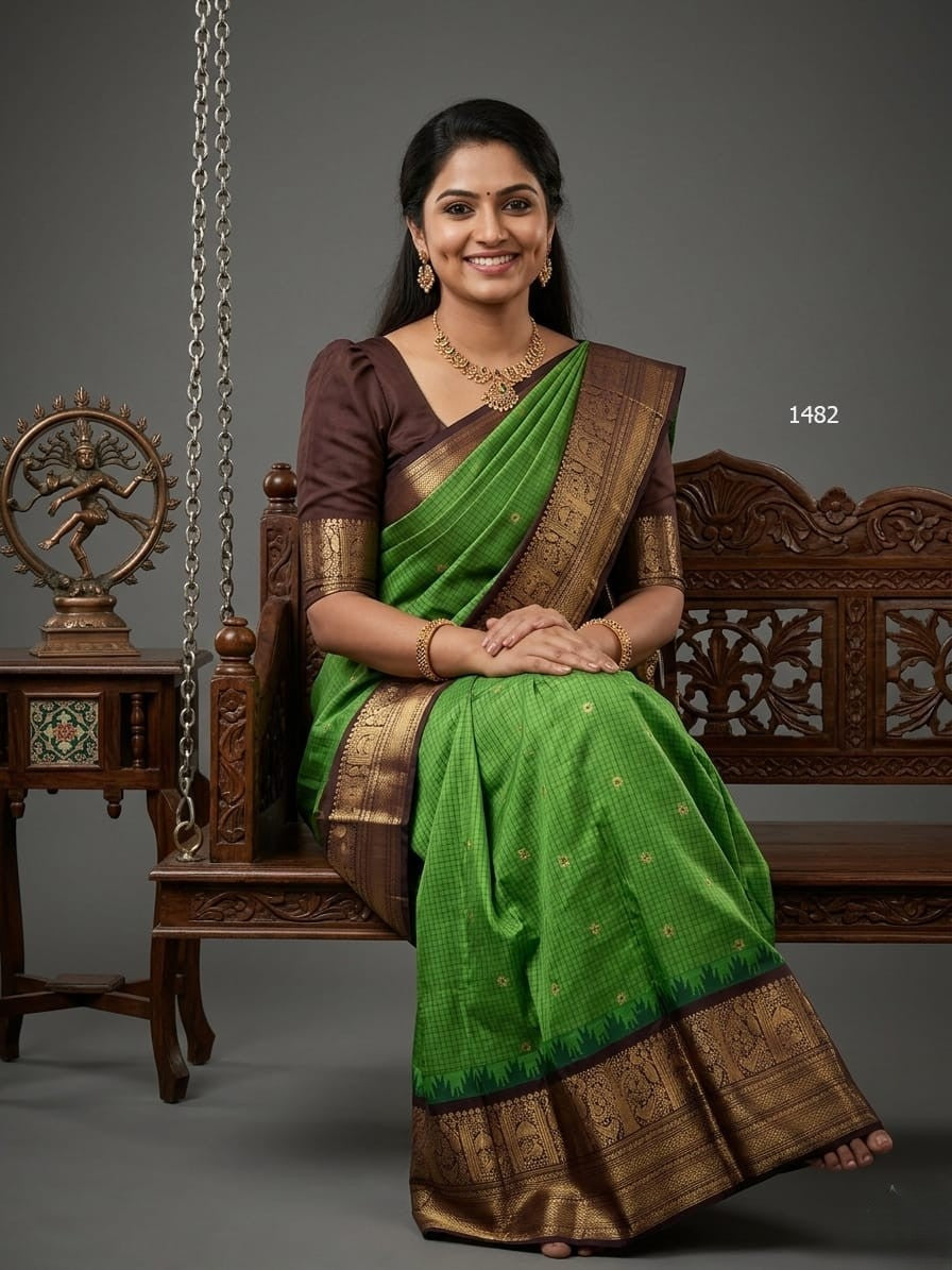 A model wearing a vibrant Gadwal Semi Pattu silk saree with intricate zari borders and a contrasting pallu.