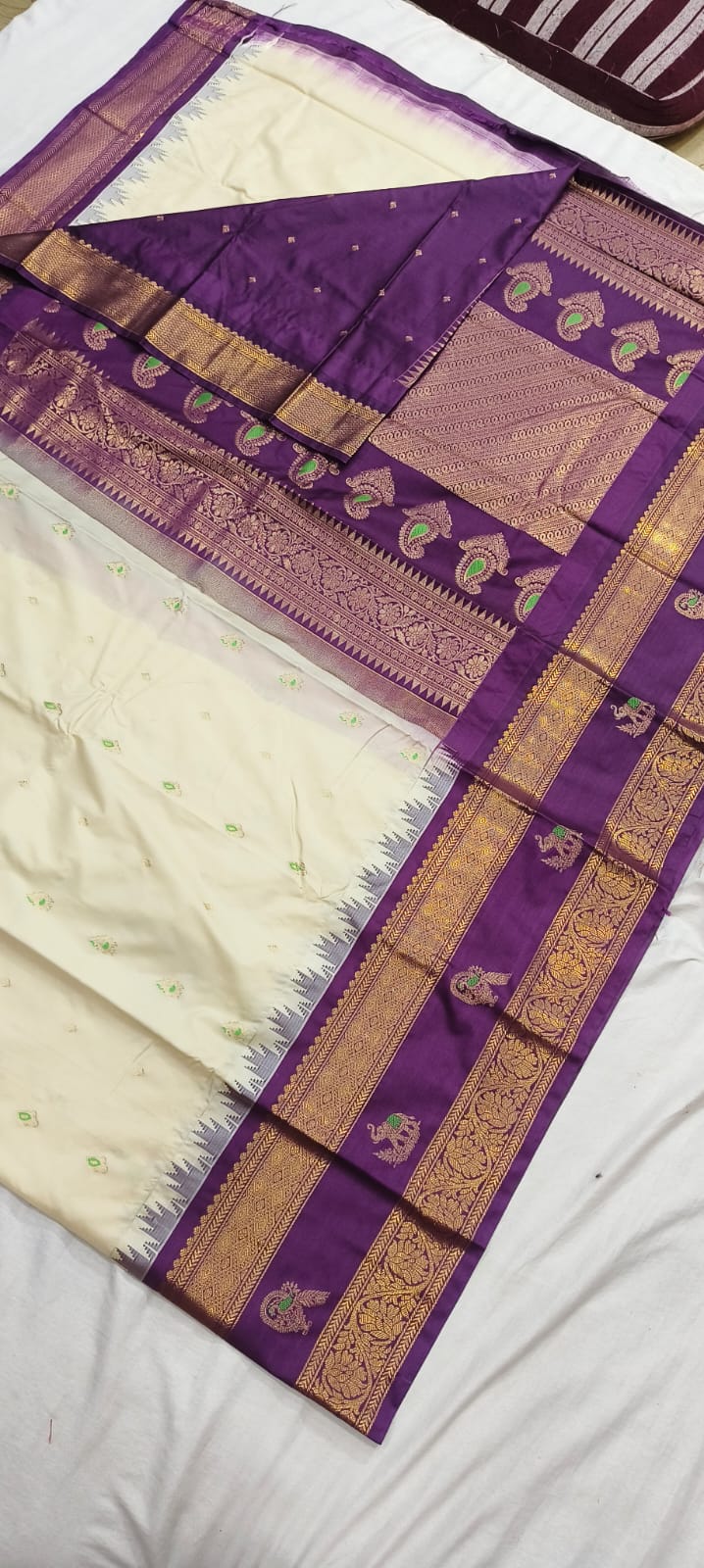 Elegant Gadwal semi Pattu silk saree draped to showcase its rich pallu and contrasting color combination
