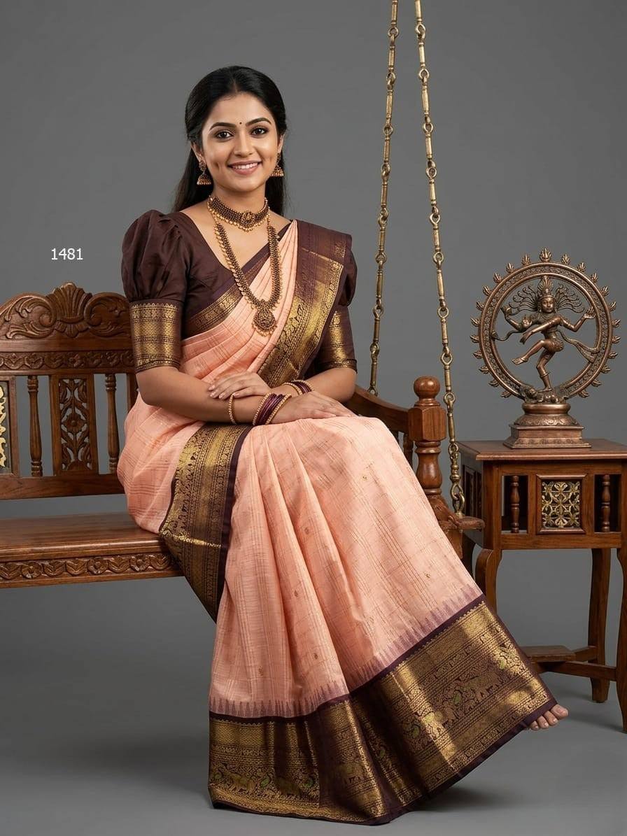 A model wearing a vibrant Gadwal Semi Pattu silk saree with intricate zari borders and a contrasting pallu.