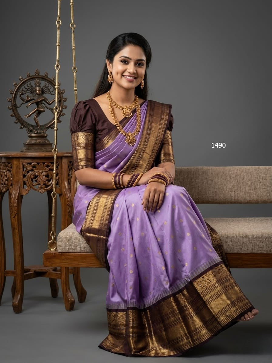 A model wearing a vibrant Gadwal Semi Pattu silk saree with intricate zari borders and a contrasting pallu.