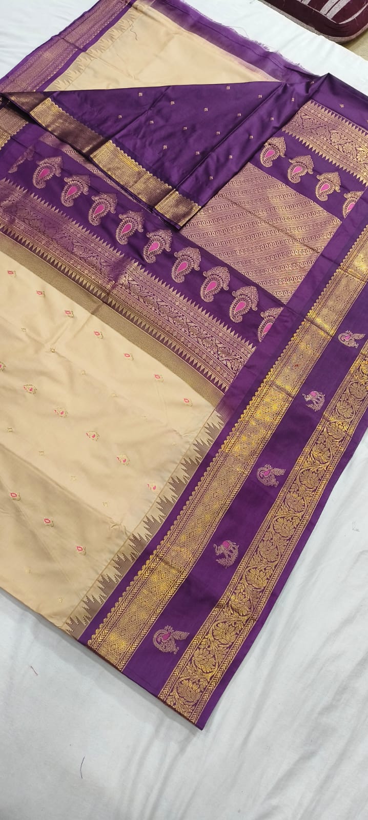 Elegant Gadwal semi Pattu silk saree draped to showcase its rich pallu and contrasting color combination