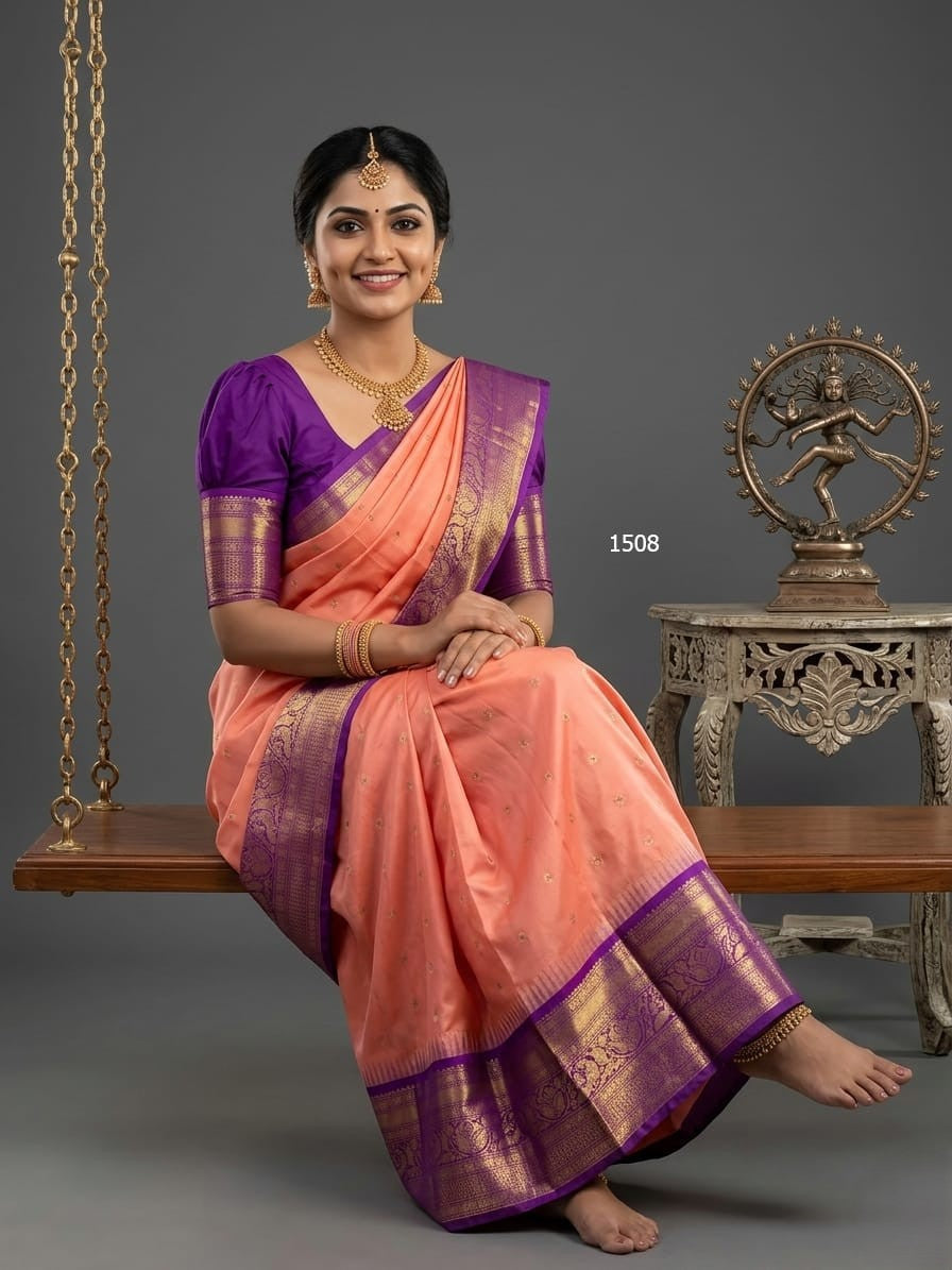A model wearing a vibrant Gadwal Semi Pattu silk saree with intricate zari borders and a contrasting pallu.