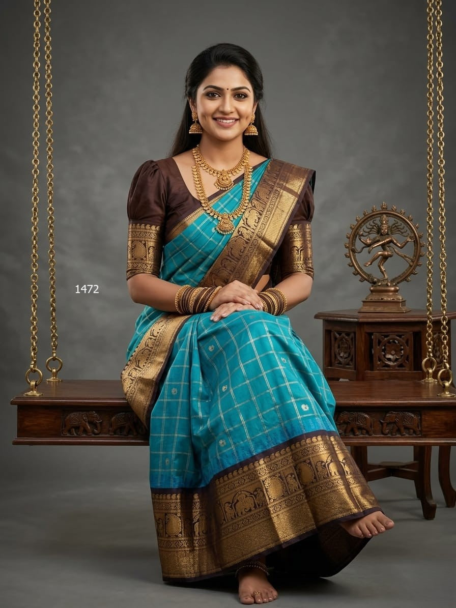 A model wearing a vibrant Gadwal Semi Pattu silk saree with intricate zari borders and a contrasting pallu.