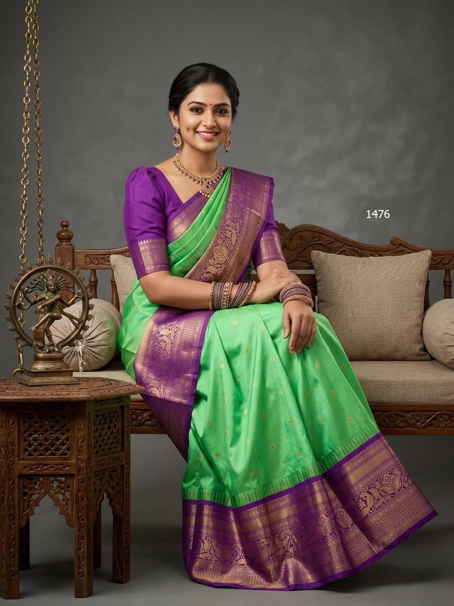 A model wearing a vibrant Gadwal Semi Pattu silk saree with intricate zari borders and a contrasting pallu.