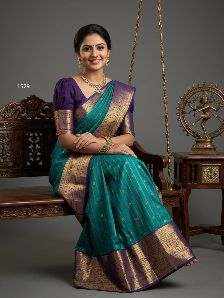 A model wearing a vibrant Gadwal Semi Pattu silk saree with intricate zari borders and a contrasting pallu.