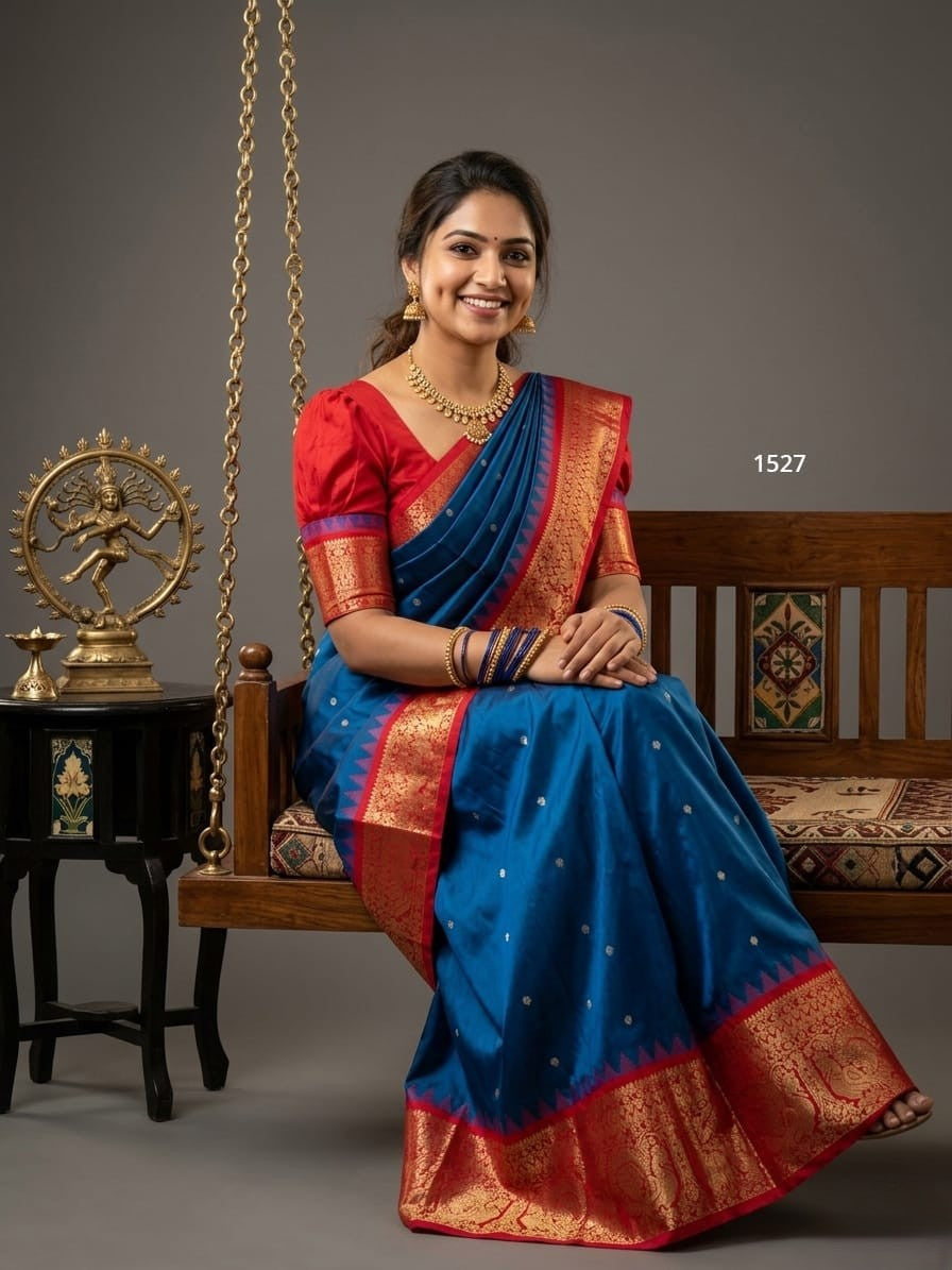 A model wearing a vibrant Gadwal Semi Pattu silk saree with intricate zari borders and a contrasting pallu.