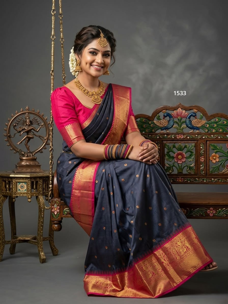 A model wearing a vibrant Gadwal Semi Pattu silk saree with intricate zari borders and a contrasting pallu.