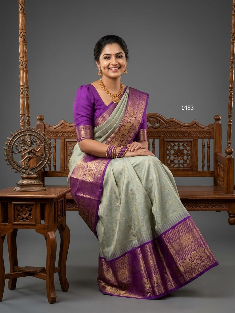 A model wearing a vibrant Gadwal Semi Pattu silk saree with intricate zari borders and a contrasting pallu.