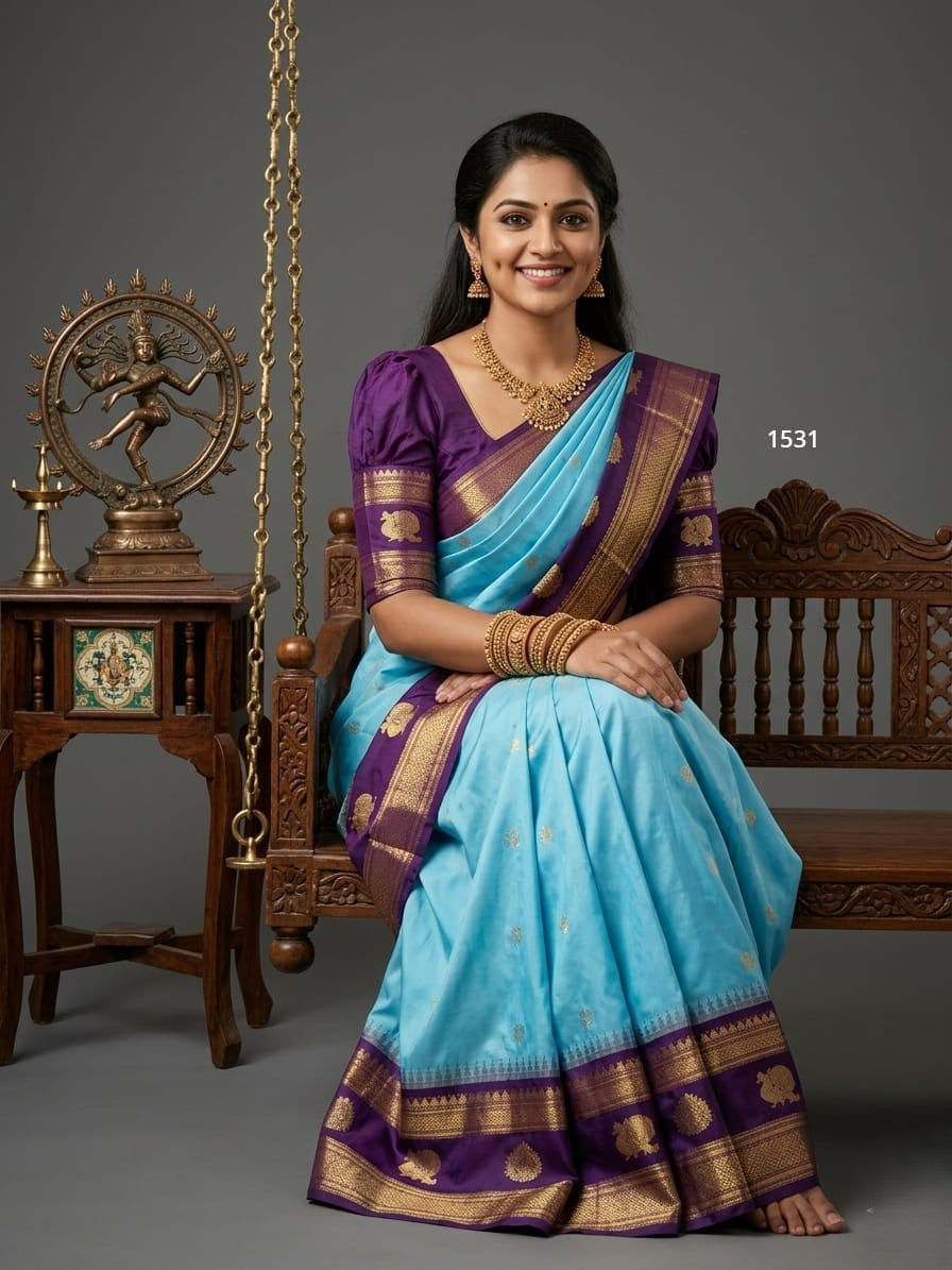 A model wearing a vibrant Gadwal Semi Pattu silk saree with intricate zari borders and a contrasting pallu.