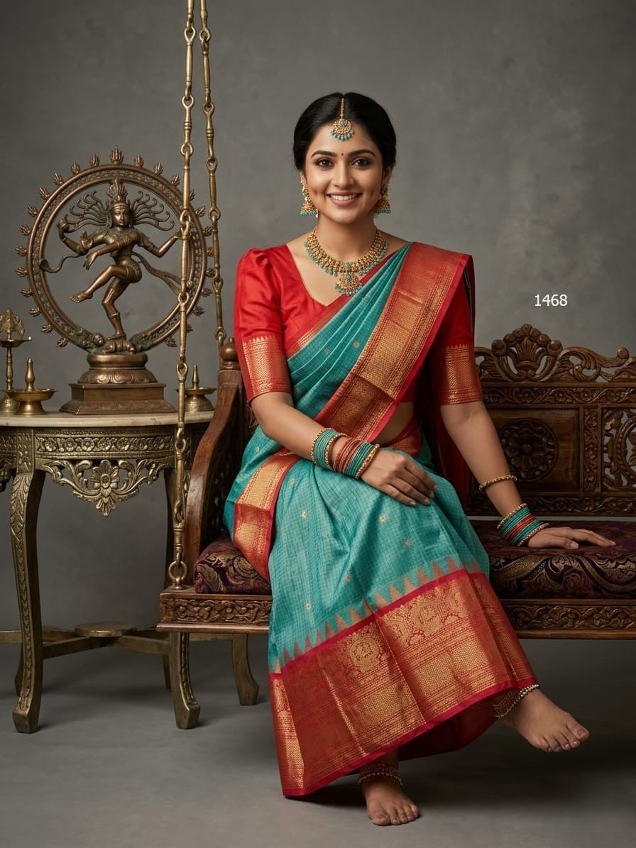 A model wearing a vibrant Gadwal Semi Pattu silk saree with intricate zari borders and a contrasting pallu.