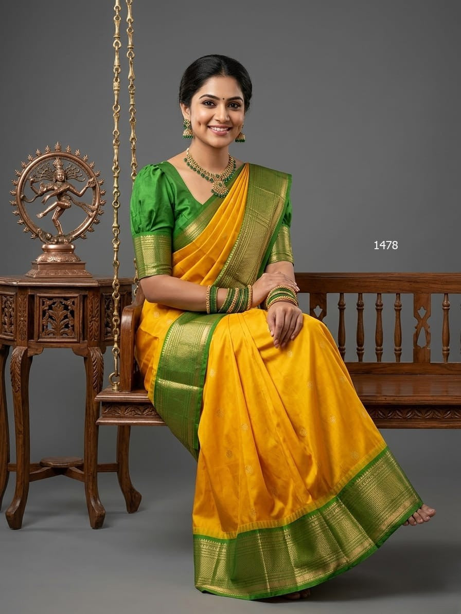 A model wearing a vibrant Gadwal Semi Pattu silk saree with intricate zari borders and a contrasting pallu.