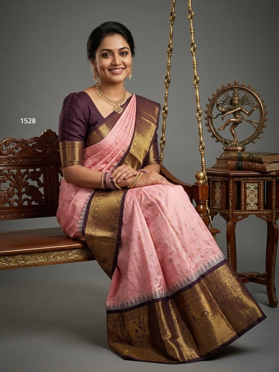 A model wearing a vibrant Gadwal Semi Pattu silk saree with intricate zari borders and a contrasting pallu.