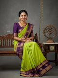 A model wearing a vibrant Gadwal Semi Pattu silk saree with intricate zari borders and a contrasting pallu.